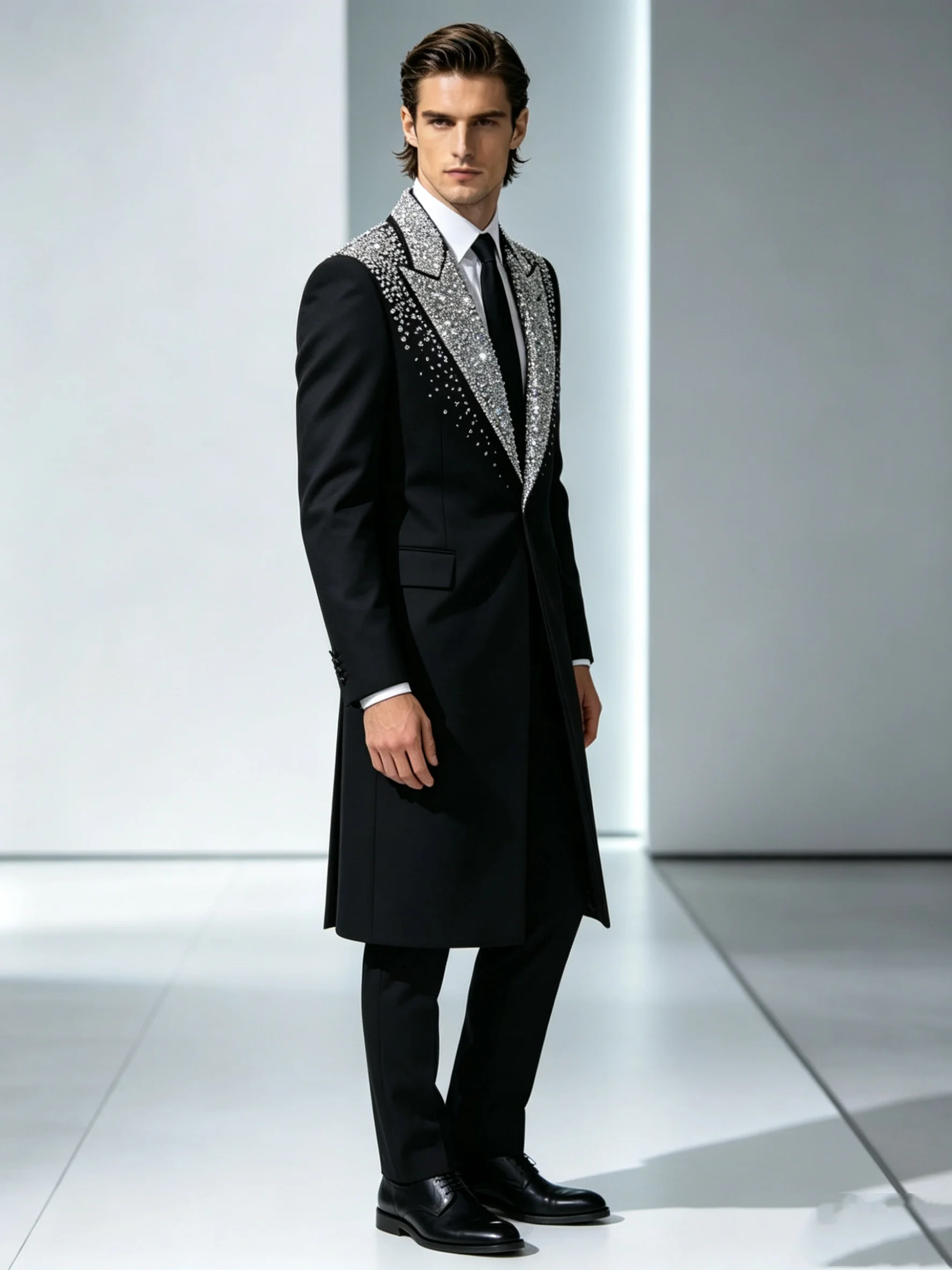 Crystals Long Men Suit Set 2 Pcs Black Blazer+Cotton Pants Prom Wedding Tuxedos Coat Customized Formal Office Groom Jacket
