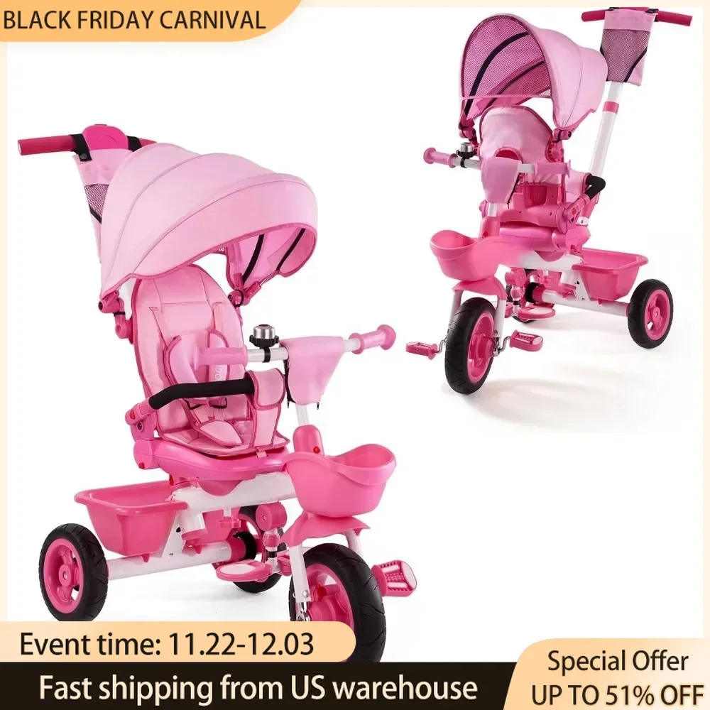 6-in-1 Kids Tricycle with Adjustable Push Handle,Removable Canopy, Safety Harness for 5 Year Old Send Children on Baby Walker