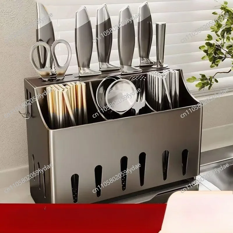 Stainless Steel Knife Holder, Chopsticks Integrated Storage Rack,Tableware, Kitchen Utensils, Storage Box, Drain Knife Holder