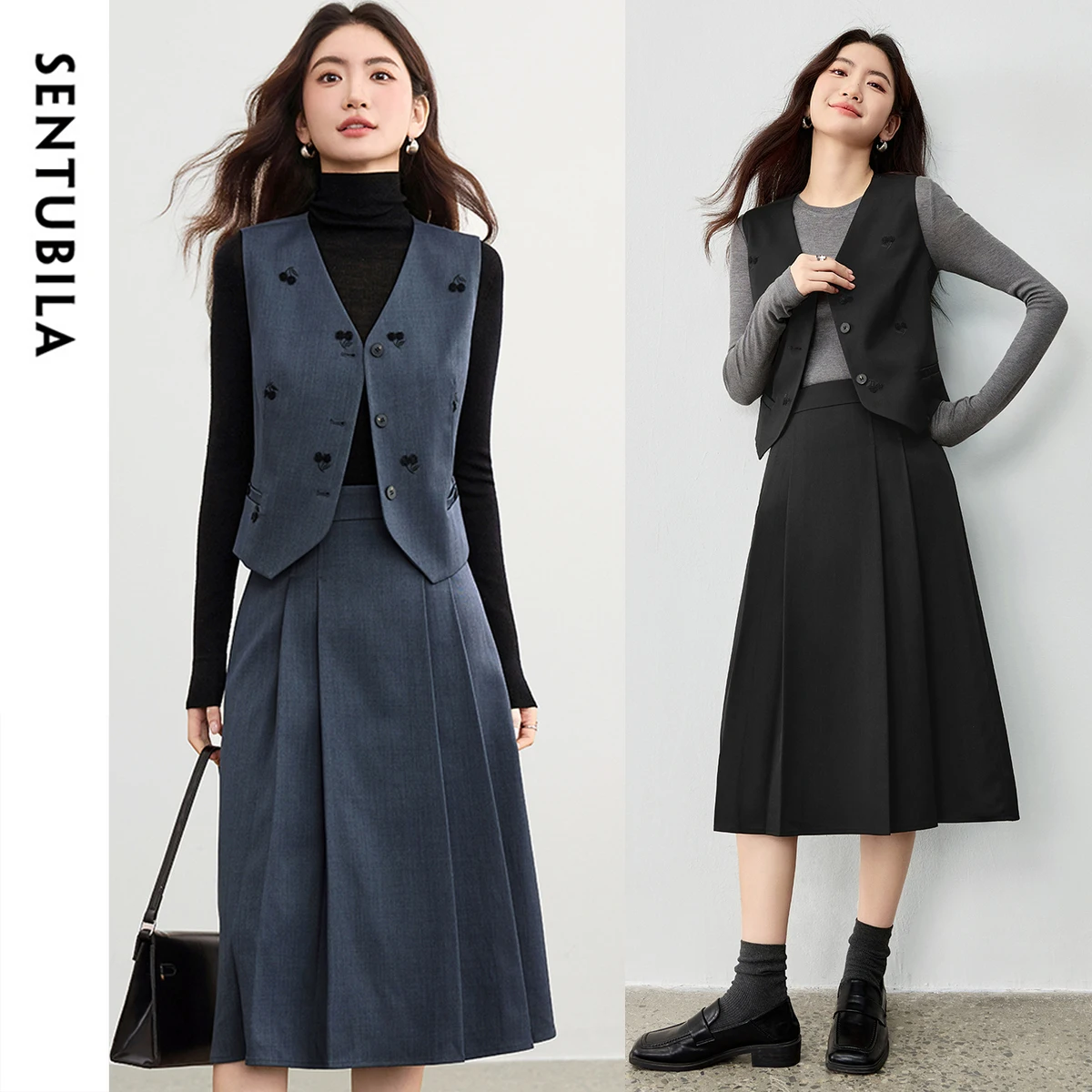 

Женский офисный костюм SENTUBILA: жилет и плиссированная юбка А-силуэта с вышивкой вишневым цветом, весна 2026, модель 153ZA2655