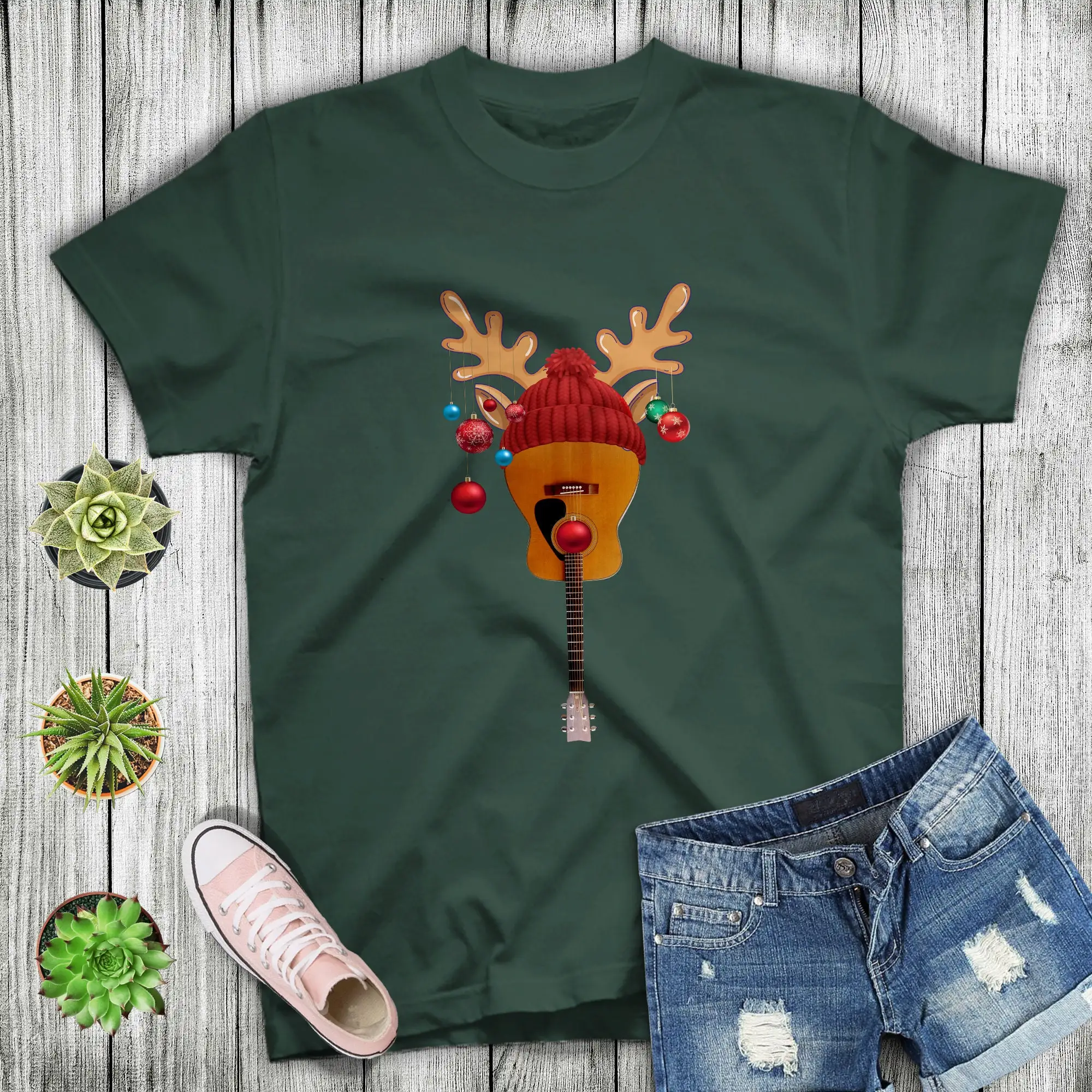 Christmas T Shirt Guitar Reindeer Santa Guitarist Music Lover Xmas For