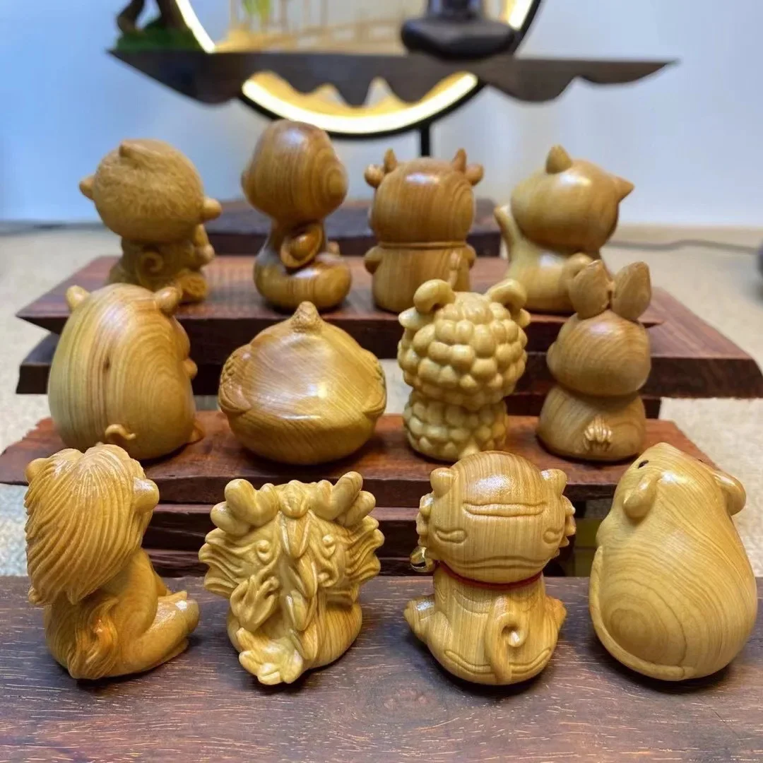 Cute Wooden Chinese Zodiac Animals, 12 Piece Set Cypress  Wood Carving, Mini Kawaii Statues for Home Office Desk Decor Gift