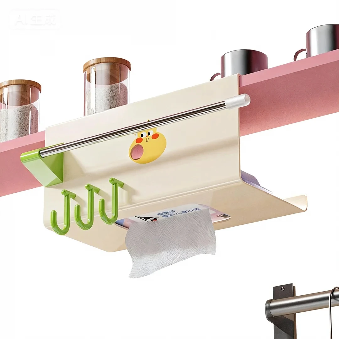 Multipurpose Tissue Holder Hanging Rack No Drill Installation for Kitchen Cabinet Paper Towels Storage Solution