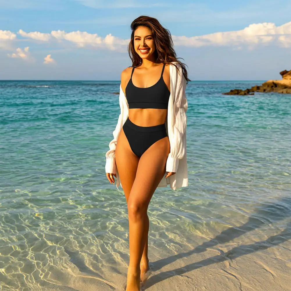 2026 Figure Flattering Swimwear Ribbed Bikini Set High-Waisted Belly Controlling Bottoms U-Shaped Back Halter Neck Bra Set Quick