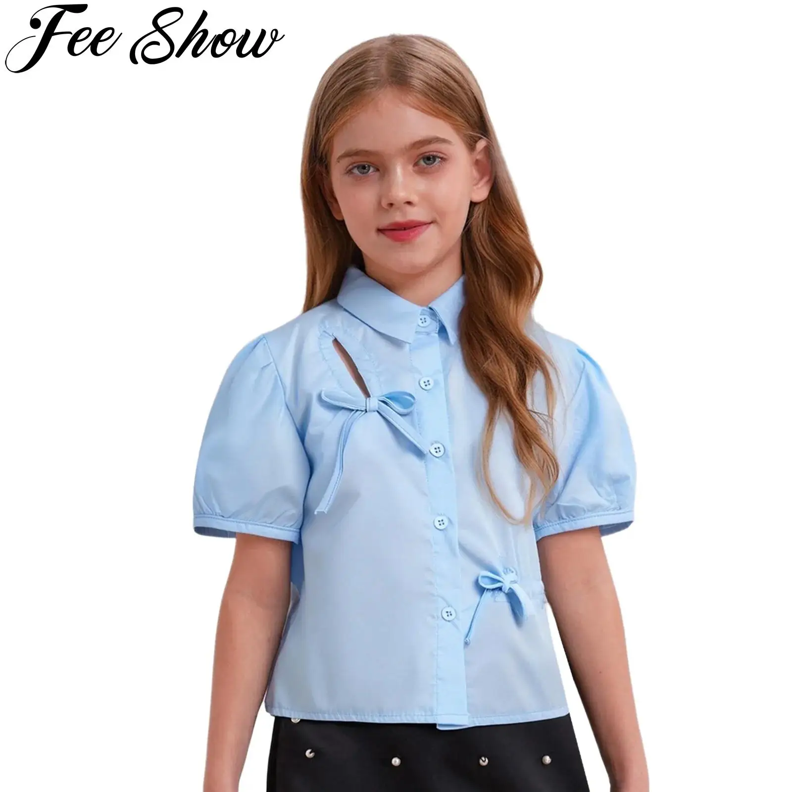 

Girls Cute Bowknots Blouse Shirt Short Sleeves Button School Uniform Shirts Top Children Clothes Banquet Birthday Party Outfits