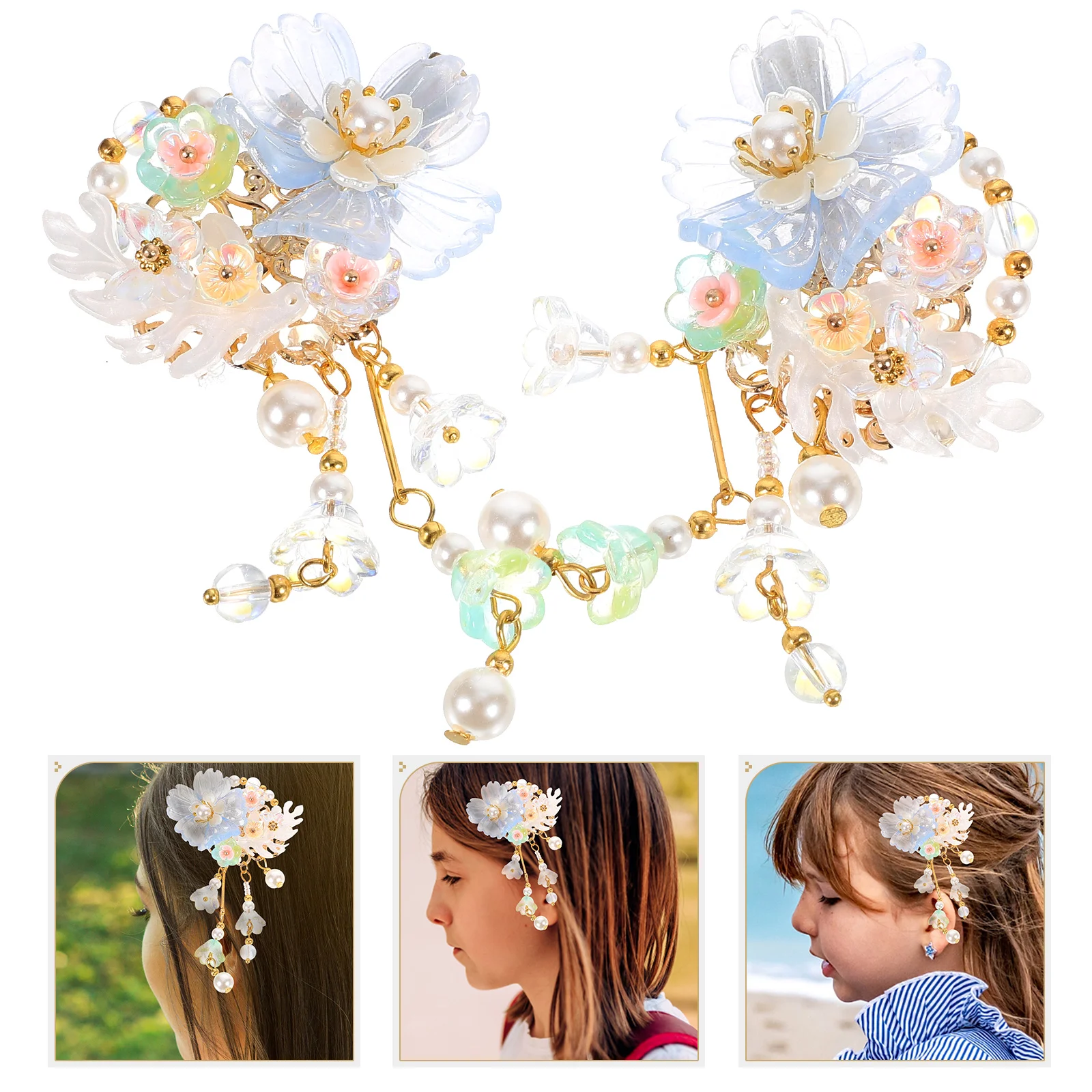 

1 Pair Chinese Hanfu Hair Accessories Girls Flower Tassel Barrettes Blue Metal Clips Thick Hair Styling Bridal