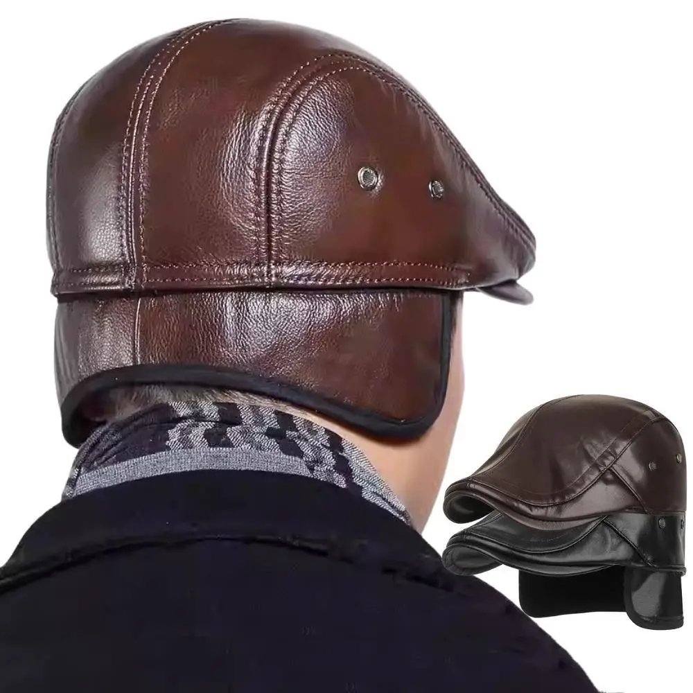 Bonés de jornaleiro de couro retrô masculino outono inverno viseira boina engrossar chapéu quente cor sólida chapéu dianteiro à prova de vento chapéu de proteção de ouvido