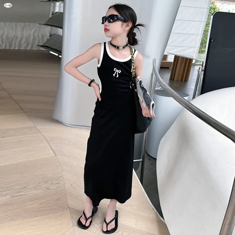 

Children Casual Black Open Waist Design Vest Long Dress Slim Fashion Teen Girls' Dress Kids Clothes Summer O-Neck Sleeveless