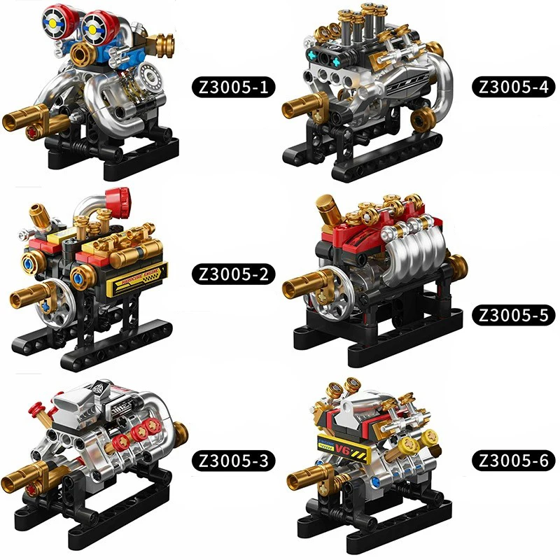 Building Blocks Mechanical Engine Model Kit, 6-in-1 Movable V6/V8 Engine Bricks Set, STEM Educational Toy for Kids（No Box ）