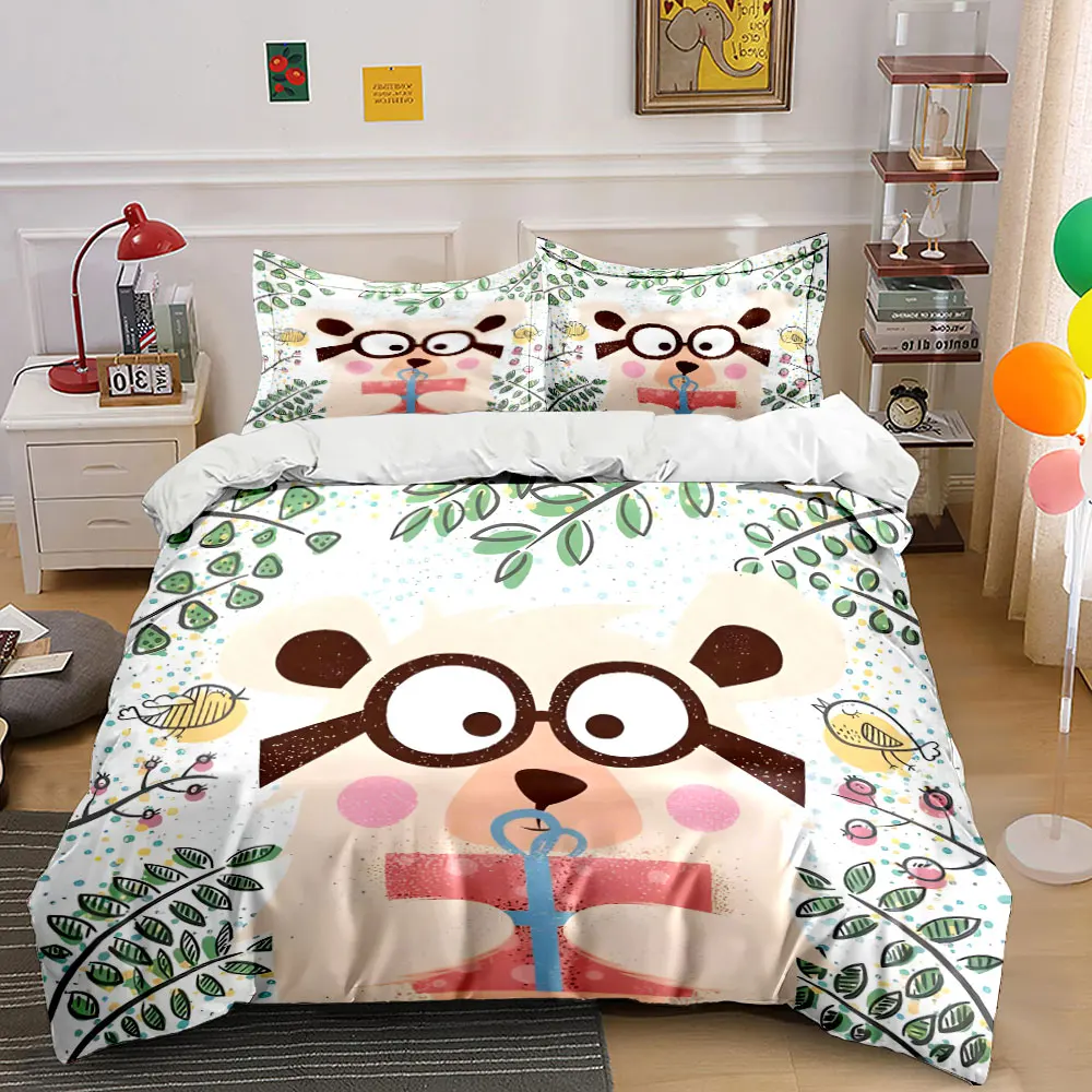 Bear with Glasses and Pink Gift cartoon Print Soft Comfortable Duvet Cover Bedding Set Included 1*Duvet Cover  2*Pillowcases