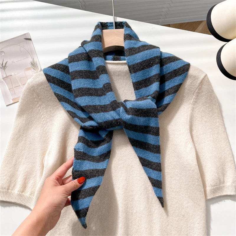 Bufanda de punto para mujer, 100% de lana, bufandas cálidas para invierno, diseño de rayas brillantes, chal grueso, cuello de Pashmina triangular suave, novedad de 2025
