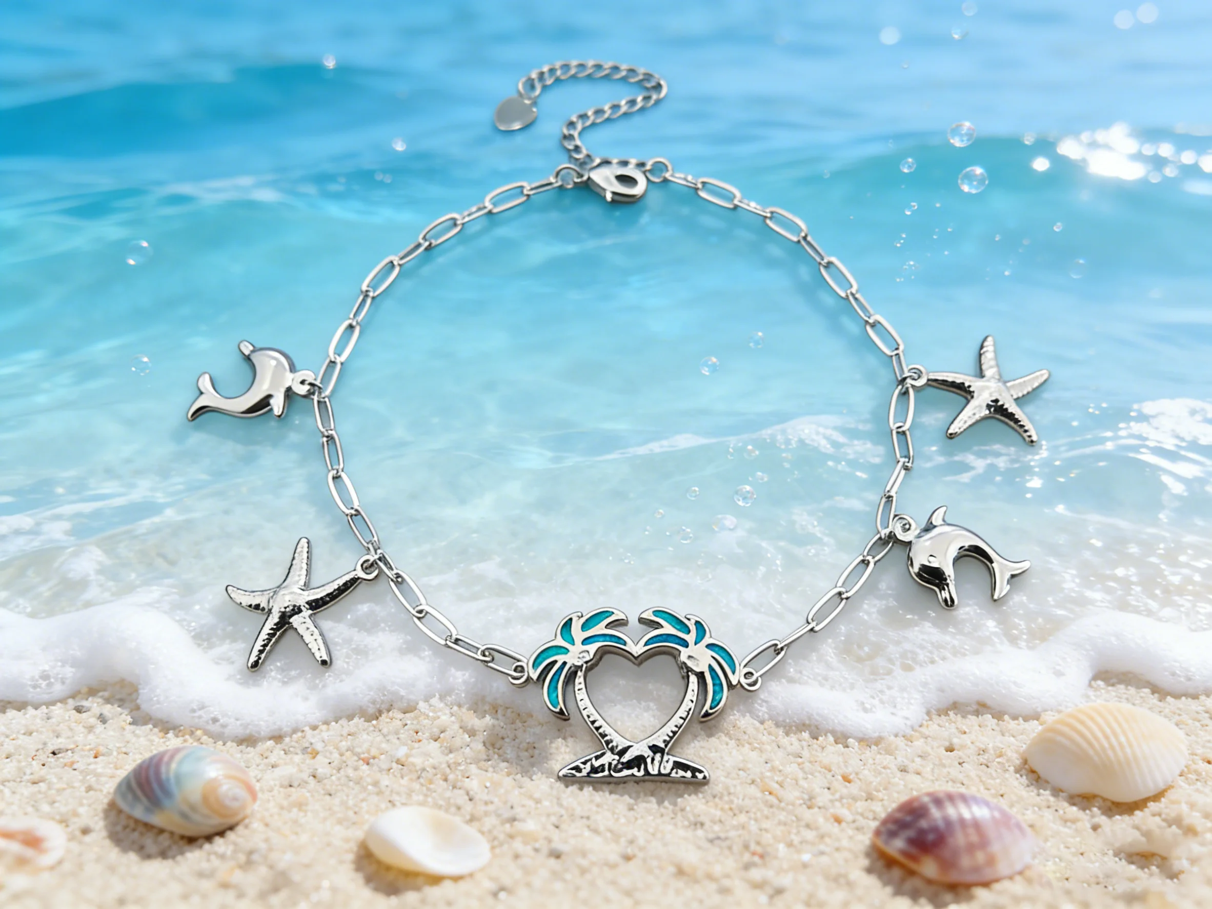 Boho Anklet for Women,Starfish Dolphin Seaside Charm,Blue Palm Tree Heart Pendant, Vintage Beach Jewelry,Festival Vacation Gift