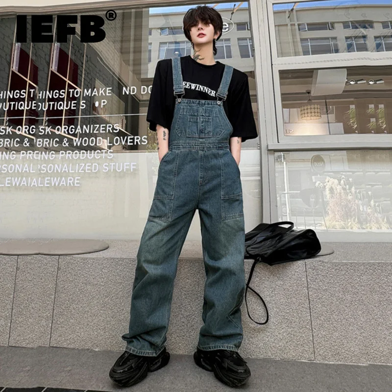 

IEFB Men Denim Overalls American Style Washed Patchwork Large Pockets Solid Color Loose Male Jeans Retro Spring New Trend 9C4886