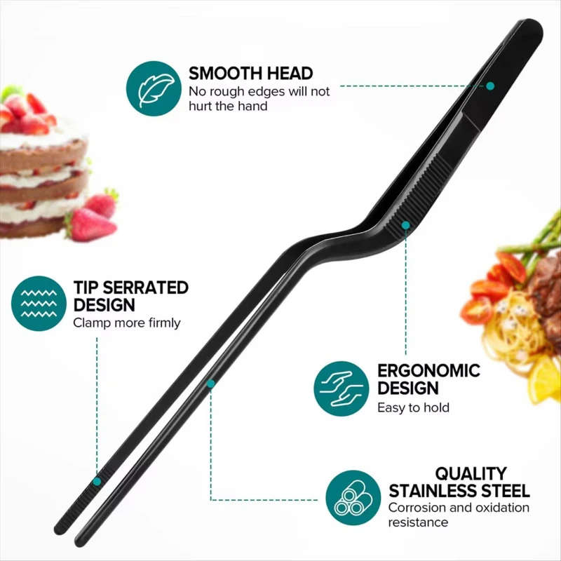 6Pcs Stainless Steel Kitchen Tools, Heavy Duty Plating Tweezers & BBQ Tongs for Food Styling