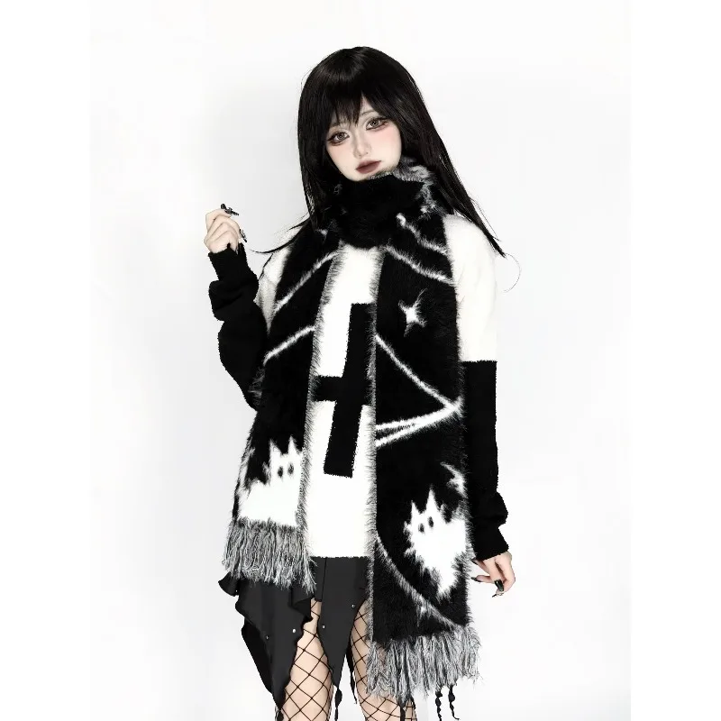 لطيف الكرتون القط وشاح الأصلي رائعتين فو المنك الأوشحة الدافئة الوجهين محبوك طويل Y2K القوطية تأثيري وشاح النساء والرجال