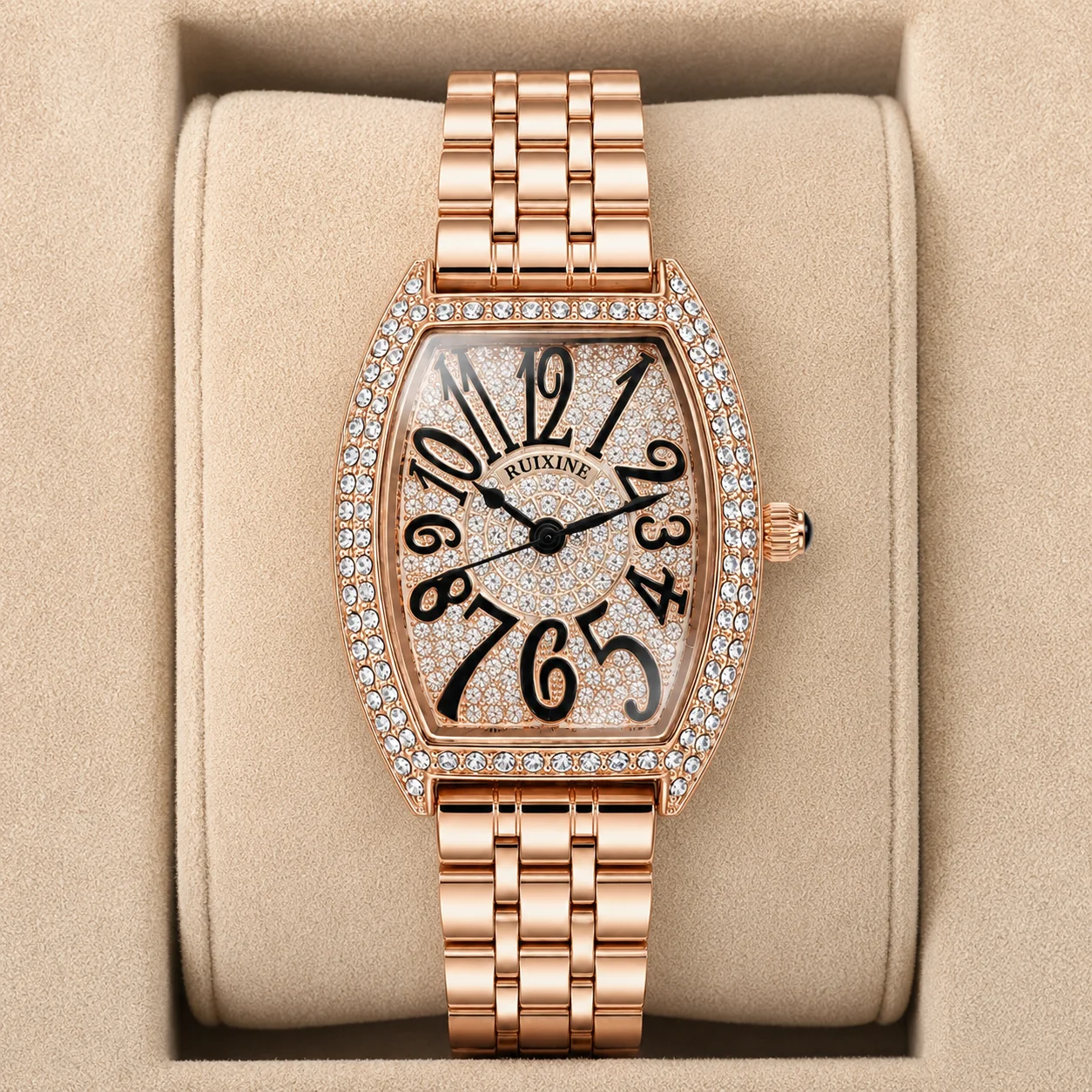 RUIXINE Fashion Ladies Quartz Watch Tonneau Barrel Shape Case Full Paved Crystal Dial Stainless Steel Bracelet  Female Gift