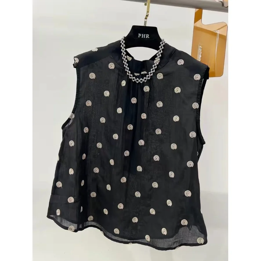 

Loose Cotton Linen Women's T-shirt Embroidered Sleeveless Base Shirt Artistic Style Summer New Arrival Slimming Top
