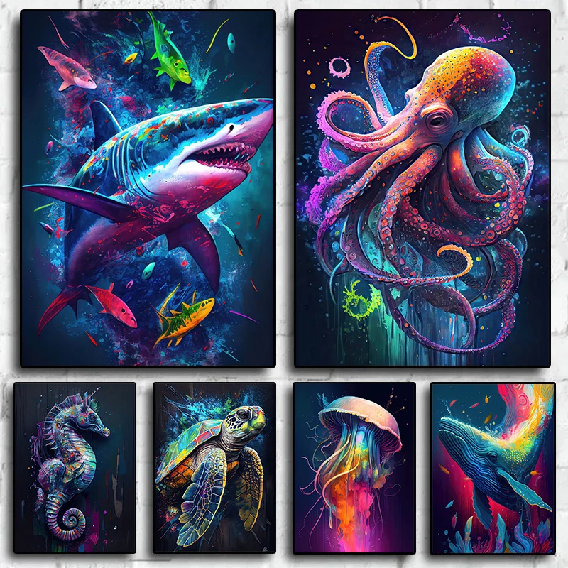 Ocean Animals Octopus Whale Shark Jellyfish Colorful Posters Prints Canvas Painting Wall Art Pictures for Living Room Home Decor