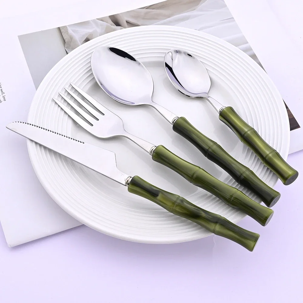 1Pc Imitation Green Bamboo Handle Cutlery Set 304 Stainless Steel Dinnerware Knife Fork Spoon Flatware Kitchen Tableware Set