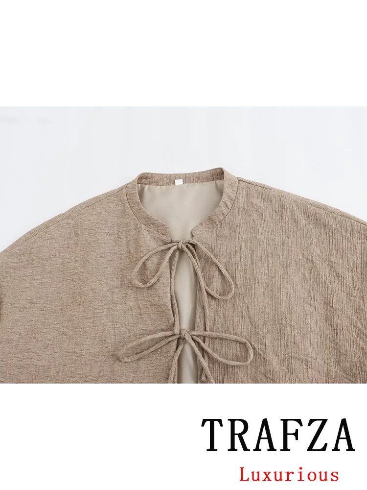 TRAFZA Vintage Casual Chic Women Jackets Solid O-Neck Lace-up Long Sleeve Coats Fashion 2024 Spring Summer Bow Tie Loose Jackets