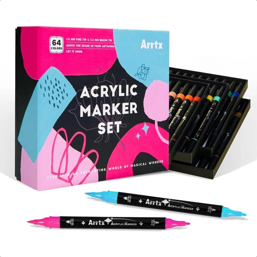 

Arrtx Acrylic Paint Markers 64 Colors Dual Tip Acrylic Paint Pens with Fine Tip and Brush Tip Art plies for Rock Painting Wood