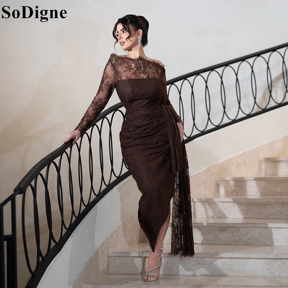 

SoDigne Elegant Brown Lace Evening Dresses Mermaid Off Shoulder Draped Long Sleeves Party Dress Saudi Arabia Prom Gown Customize