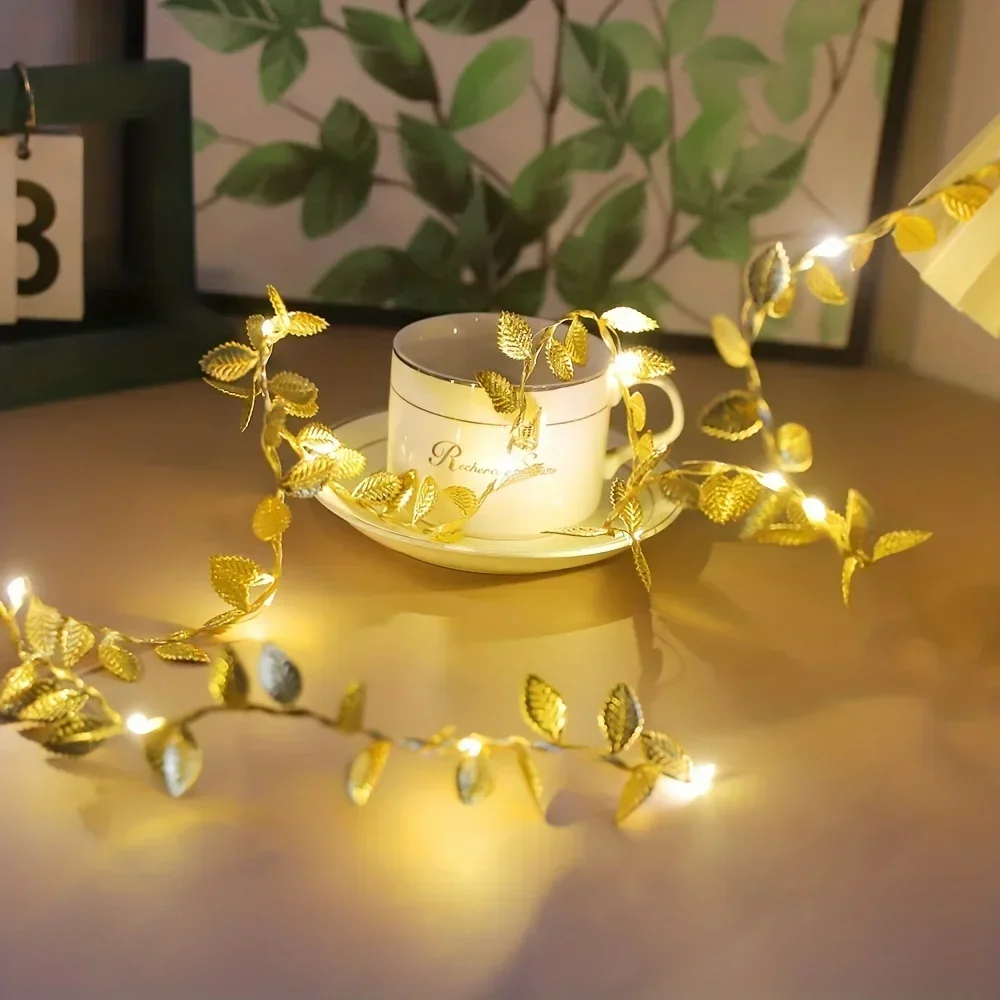 2M Golden Leaf Lighting Strings 20LED Warm Yellow Fairy Lights Christmas Garland Lantern Artificial Rattan Lamp Party Decoration