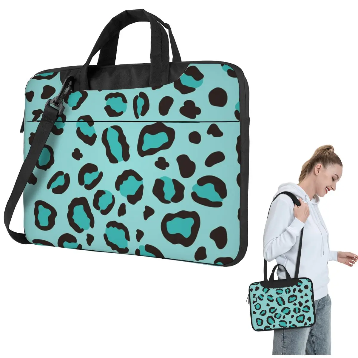 Cool Turquoise Blue Leopard Print Cheetah Crossbody Laptop Bag Case Computer Bag 13 14 15.6 Inch Notebook Pouch for Lenovo