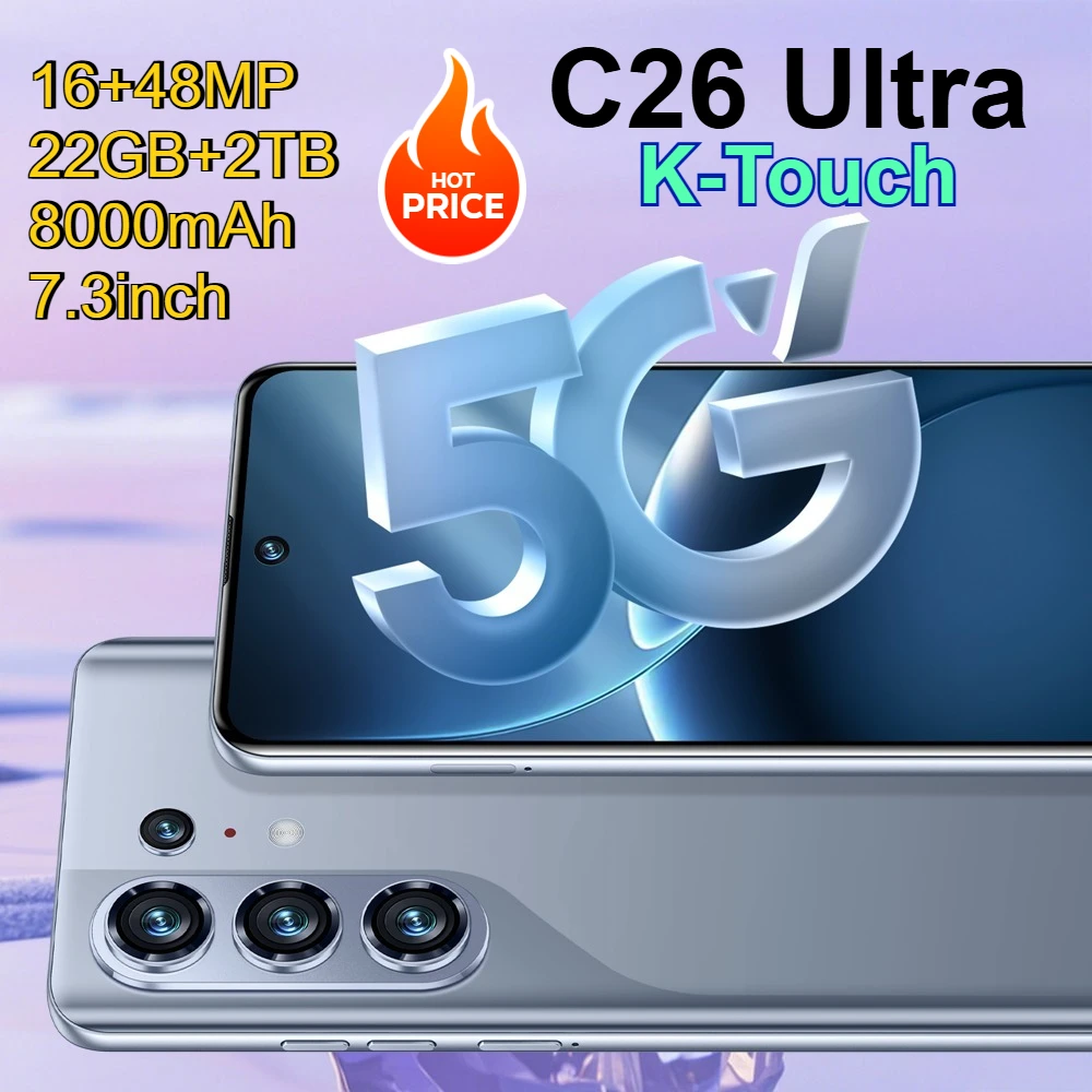 Smartphone K-Touch C26 Ultra con batteria da 8000mAh, telefono cellulare con display completo da 7,3 pollici, 5G, doppia SIM, 16+48MP, sblocco con Face ID, 22GB+2TB, Android 15