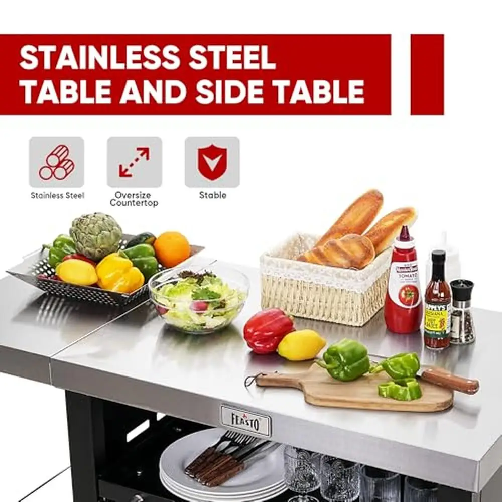 Outdoor Kitchen Island Grill Table Stainless Steel Top Cabinet with Foldable Side Tables Multi-Function BBQ Prep Station Storage