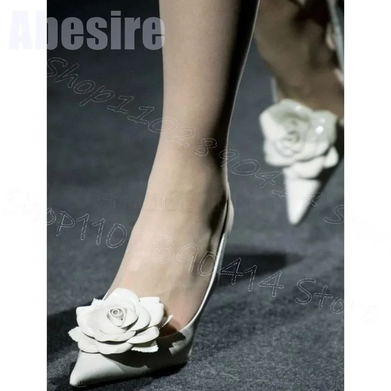 

White Appliques Design Shallow Pointed Toe Pumps Slip On Women Shoes Thin High Heels Party Feast Dating 2025 Zapatos Para Mujere