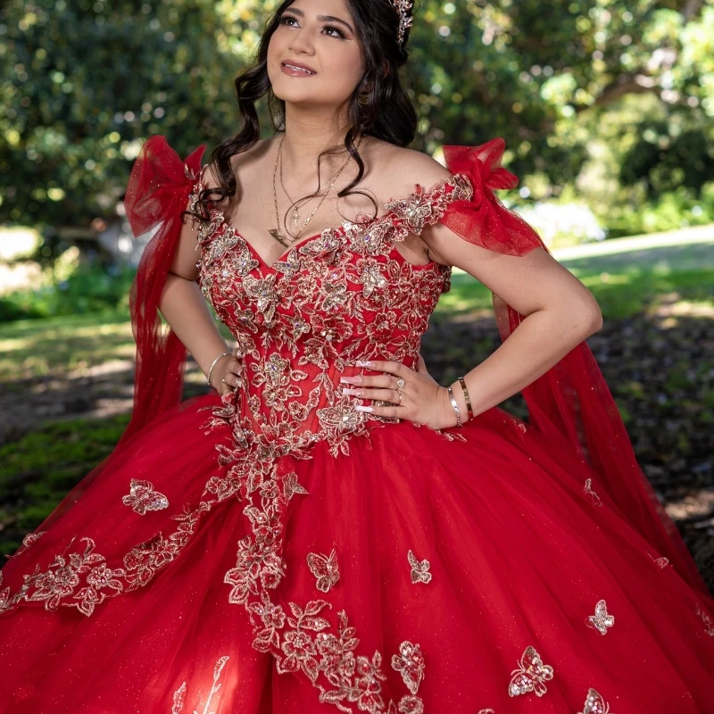 Red Glitter Crystal Sequined Ball Gown Quinceanera Dresses Off The Shoulder Applique Lace Beading With Cape Corset Vestidos De