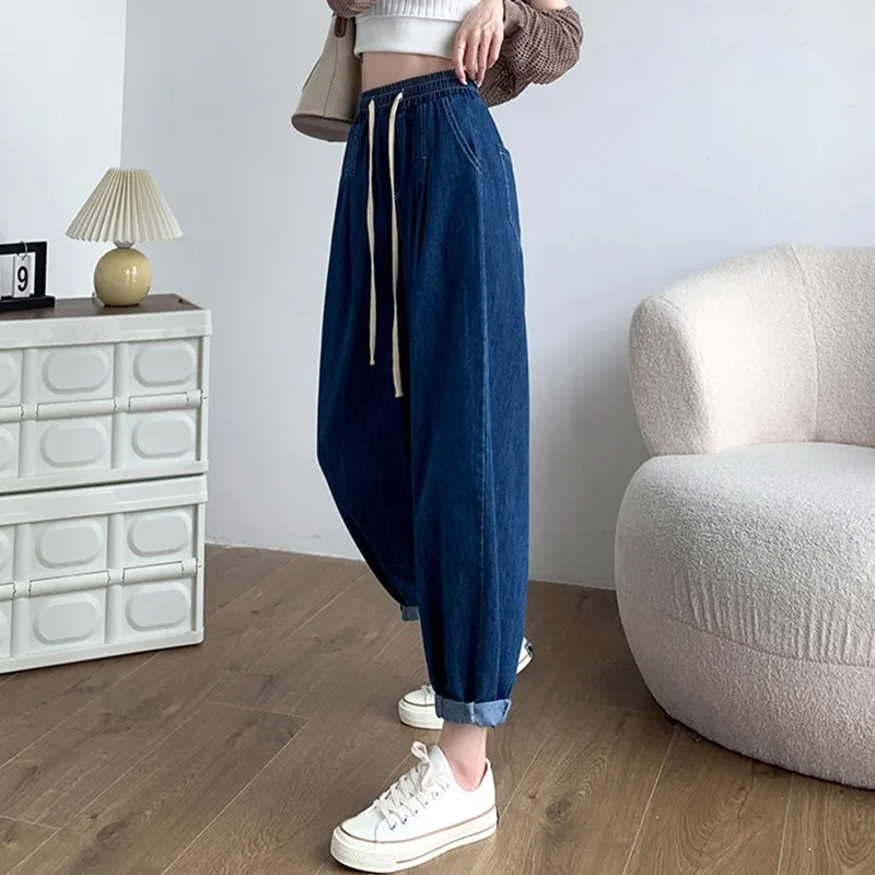 100% Baumwolle Frauen Casual Jeans Neuankömmling Herbst einfachen Stil Grundlagen lose weibliche hohe Taille Denim Harems hose w1897