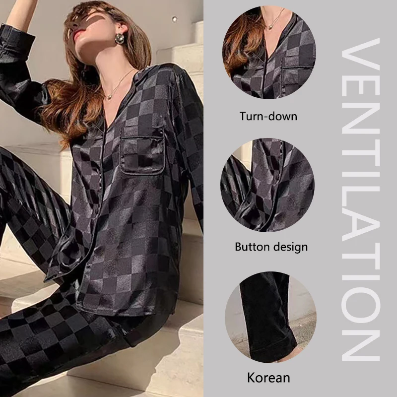 Plus Size Women Pajamas Set Long Sleeves Girl Home Wear Two-Piece Cardigan Solid Plaid Sleepwear Sexy Nightwear Autumn Winter