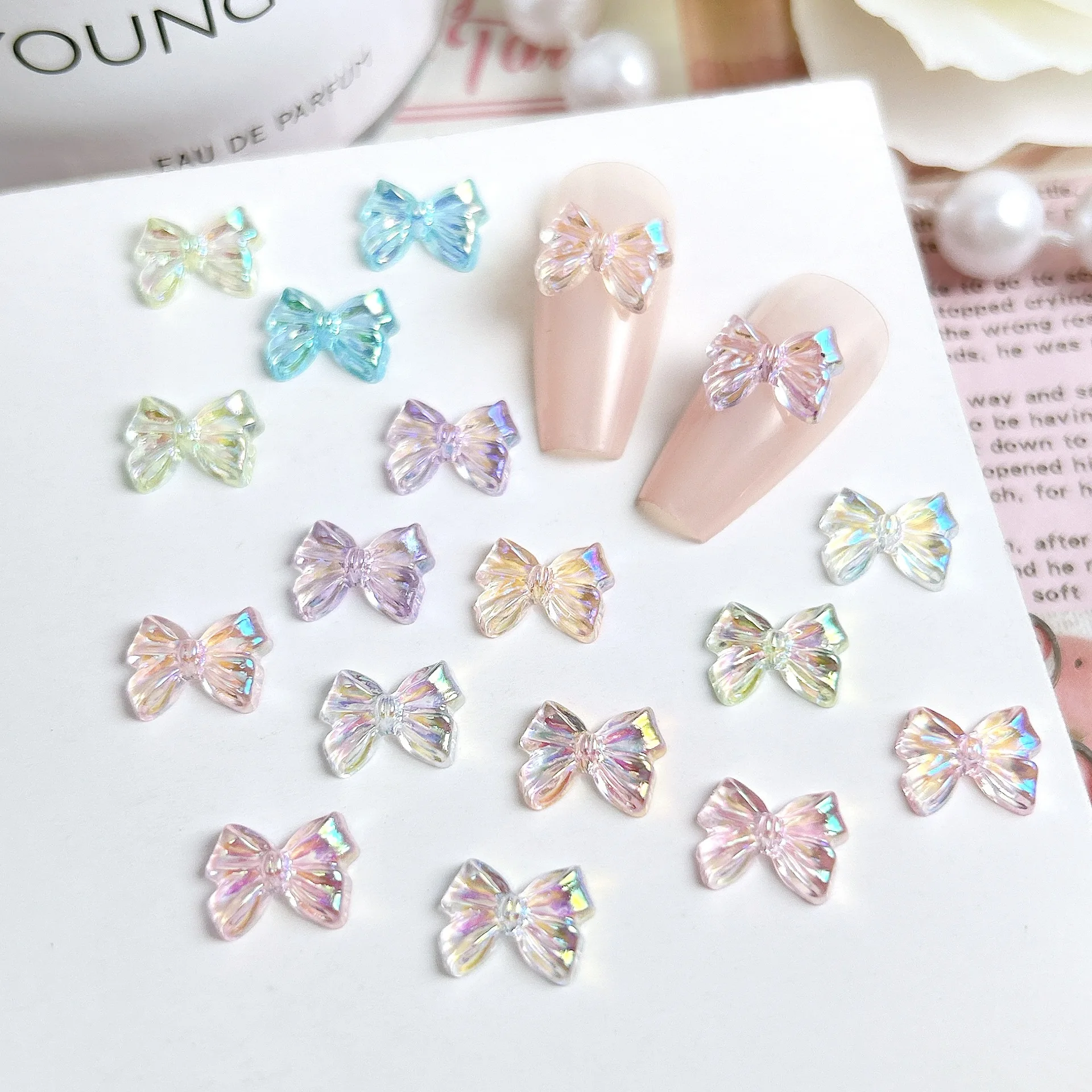 50Pcs New Arrival Iridescent Aurora Bow Nail Charms Mixed Transparent Bowknot Resin Decor For DIY Nails Manicure Supplies