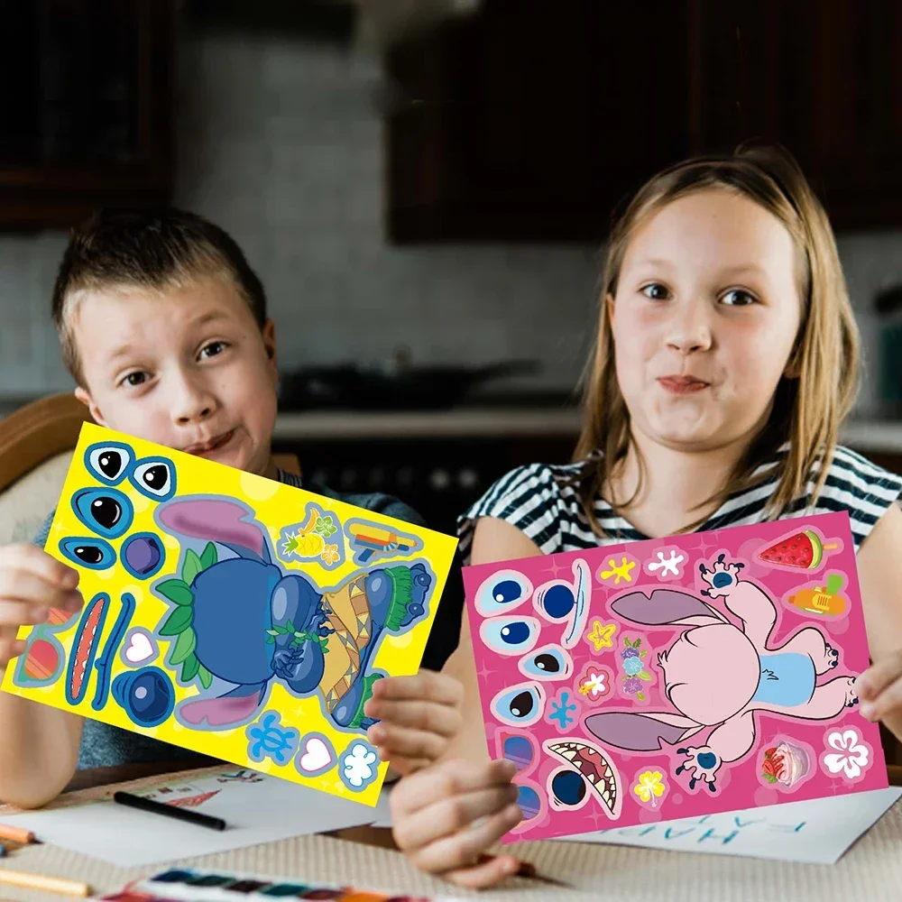 8/16 Blatt Disney Stich Cartoon Puzzle Aufkleber Kinder Machen ein Gesicht DIY Spielzeug Lustige Montieren Puzzle Kinder Jungen mädchen Party Spiel