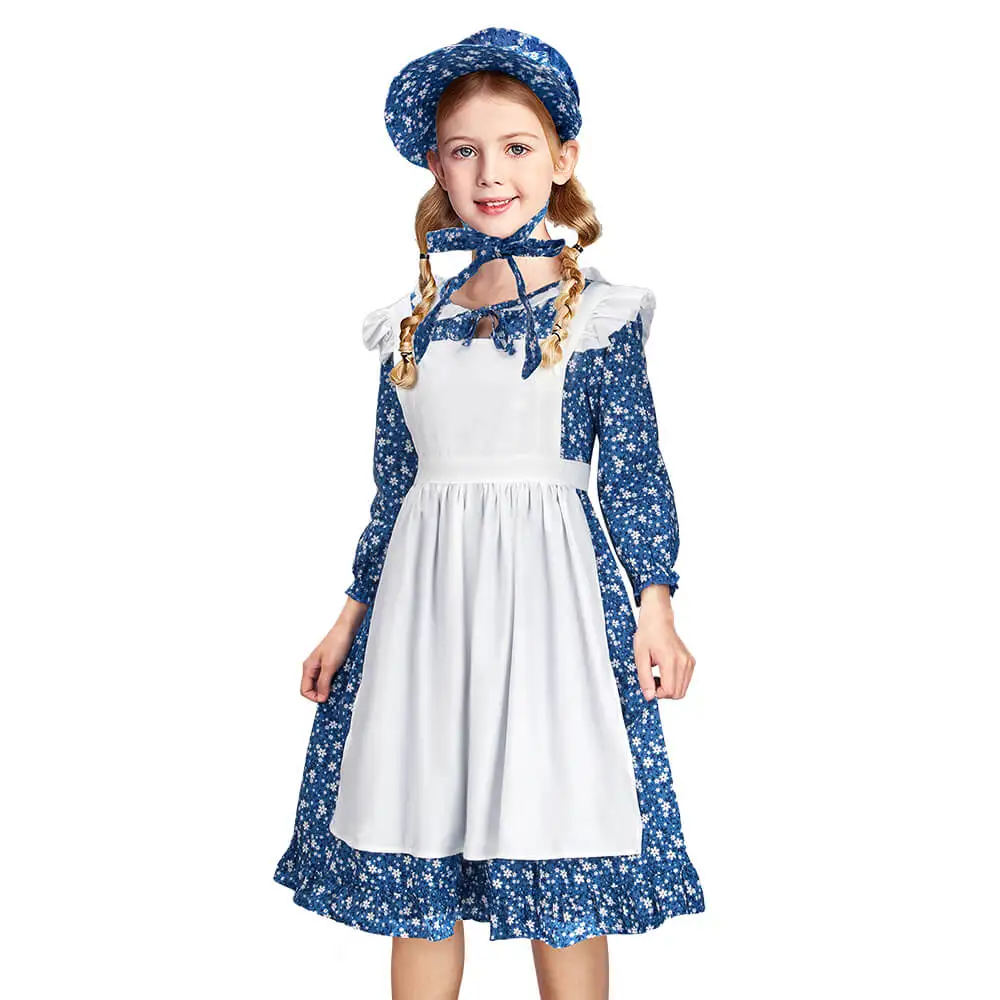 

Kids Colonial Pioneer Girl Cosplay Costume Prairie Blue Maid Fancy Dress With Apron Bonnet Gifts For Girls In stock Takerlama