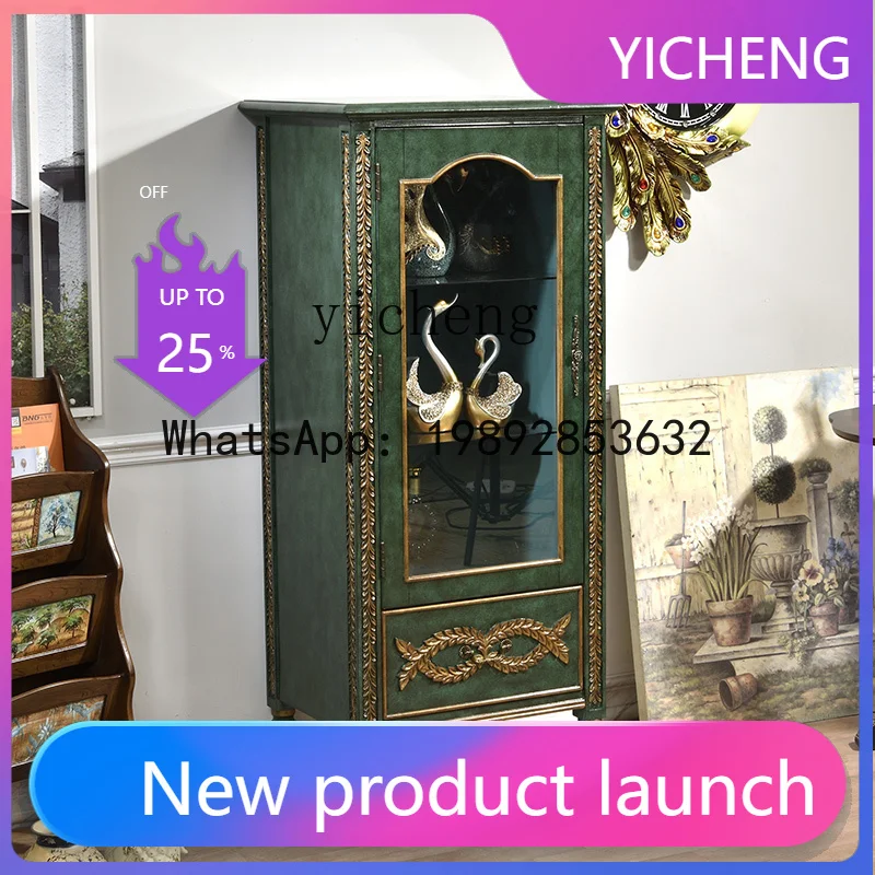 

solid wood wine cabinet single door storage retro glass door malachite green living room display cabinet