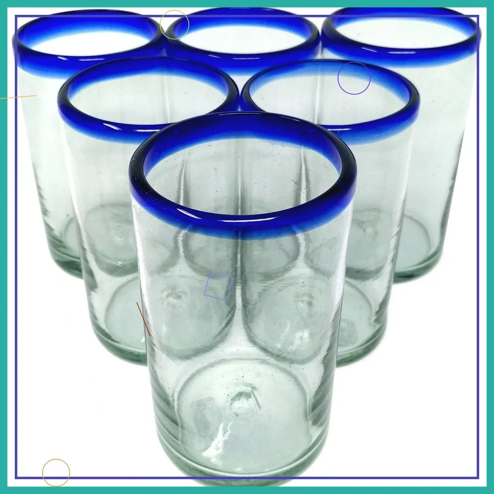 

Hand Blown Mexican Drinking Glasses Set of 6 with Cobalt Blue Rims, 14 oz Each