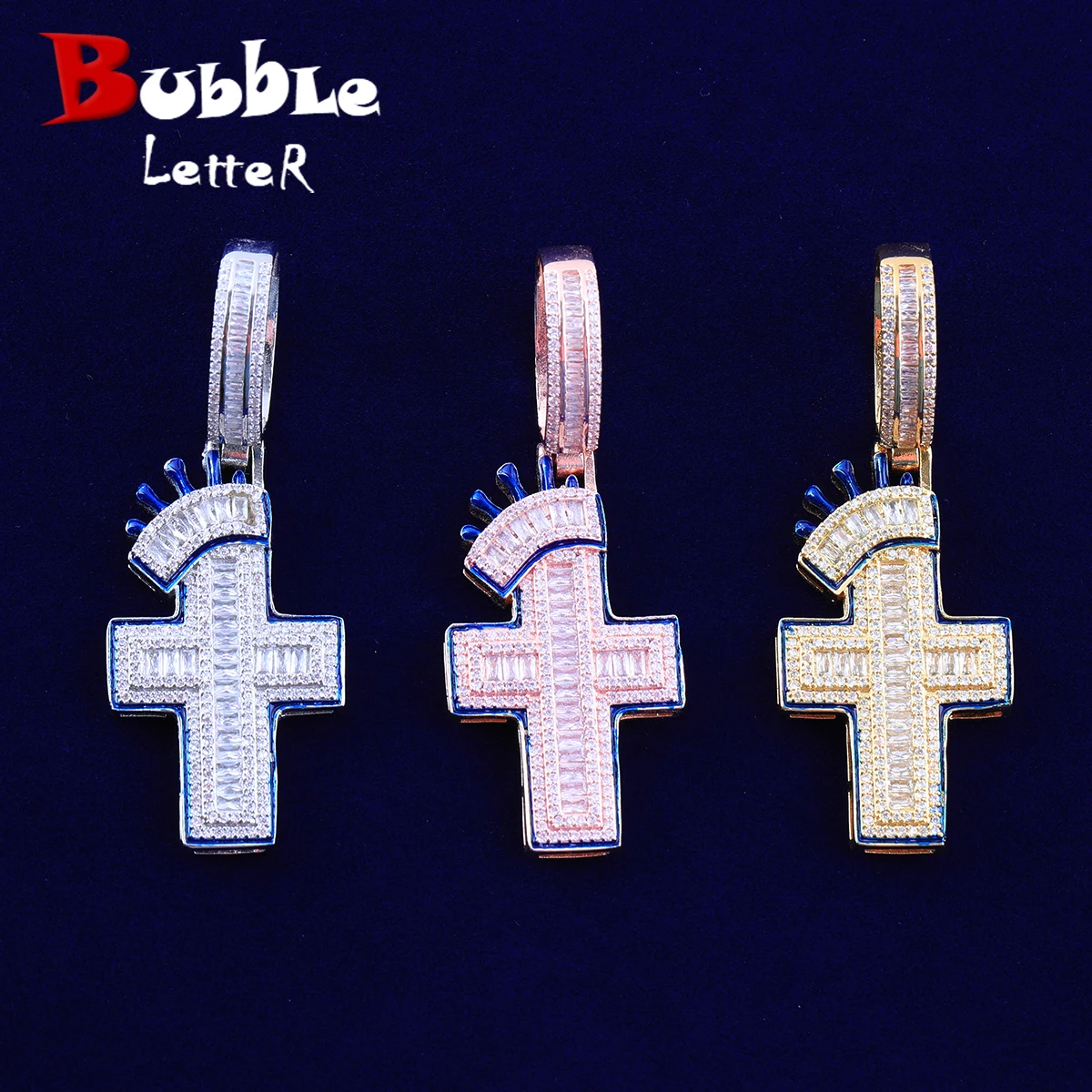 Bubble Letter Iced Out Cross Cross Necklace Pendant for Women Micro Pave Charms Bling Hip Hop Jewelry