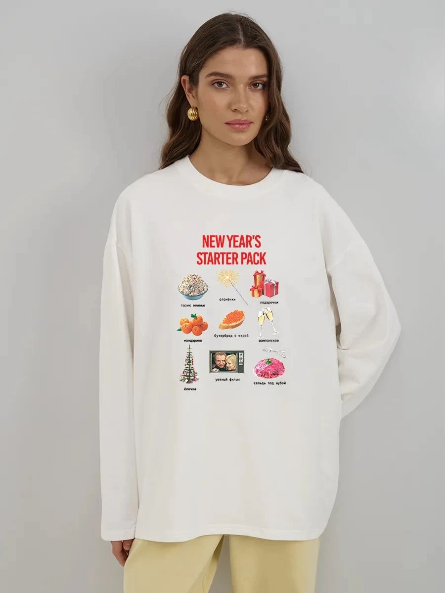 2026 Spring Autumn Women's 100% Cotton Long Sleeve Print T-Shirt New Chic Collage Graphic Loose Fit Soft  Daily Commute Top