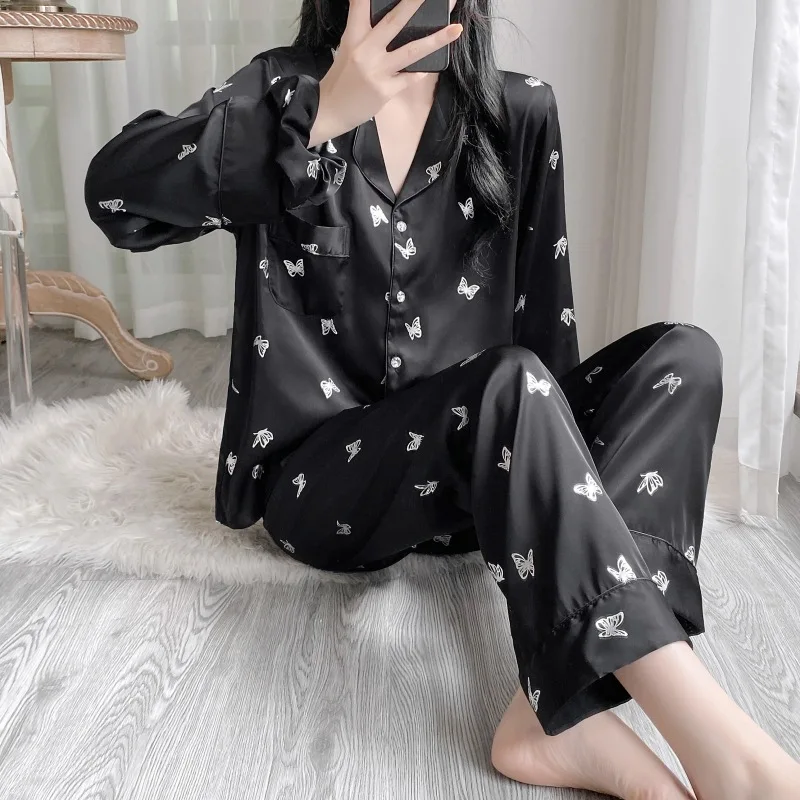 

Женский пижамный комплект, атласная одежда для сна с принтом бабочки, женские повседневные брюки и топ, одежда для дома, сексуальная элегантная одежда