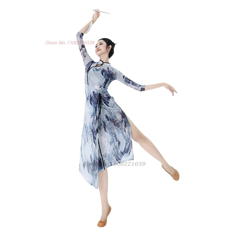 2025 costume da ballo vintage cinese pittura a inchiostro nazionale abito qipao elastico cheongsam performance sul palco pratica abito da ballo
