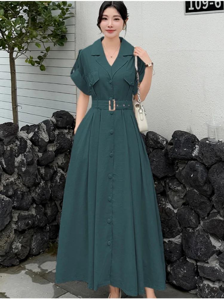 فستان SMTHMA الفرنسي الكوري الأنيق للنساء لصيف جديد 2025 فساتين طويلة أنيقة بمزاج الخصر النحيف السخية مع حزام