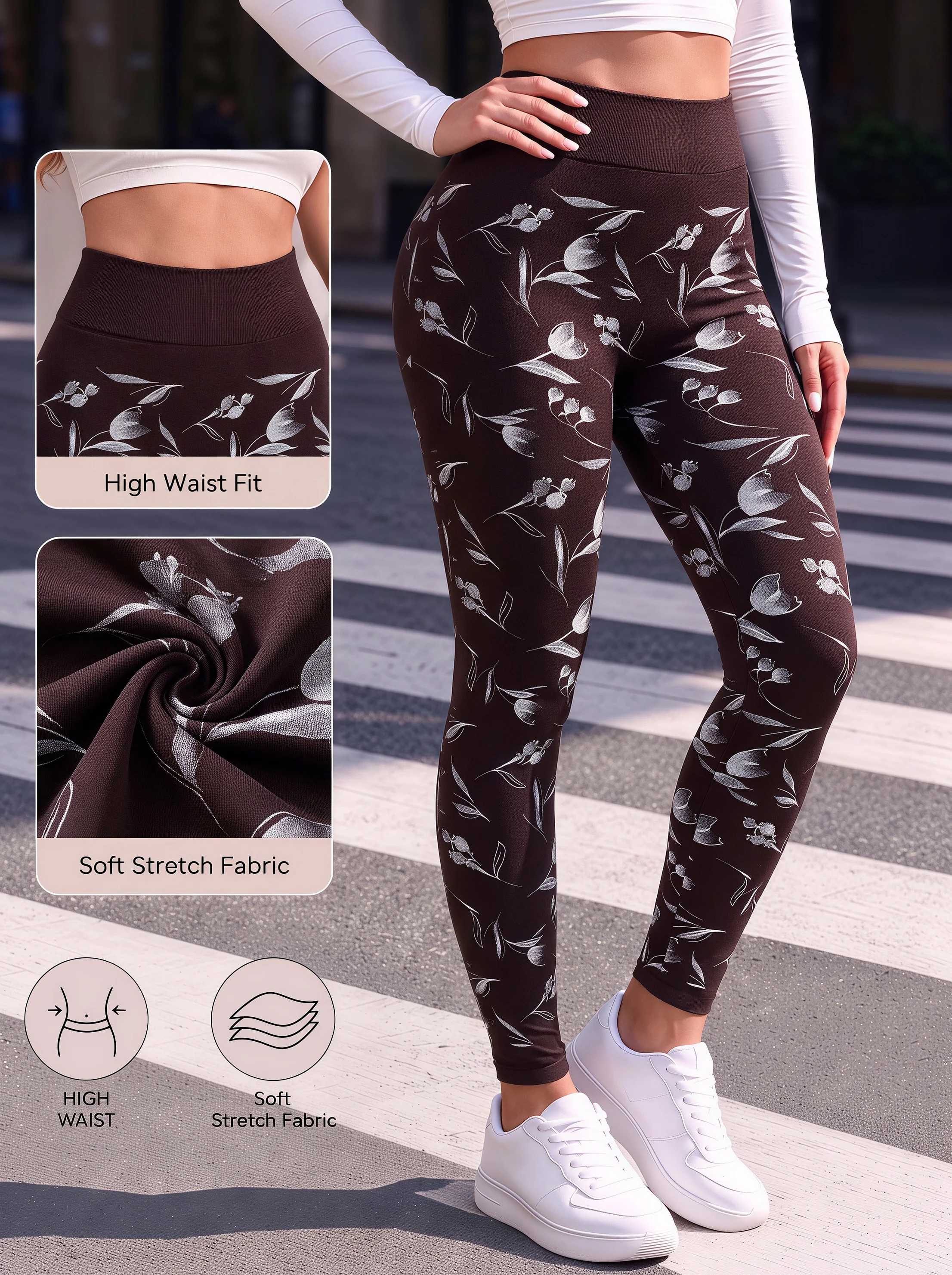 Women High Waist Botanical Floral Print Leggings Soft Stretchy Long Pants for Home Leisure Daily Outings