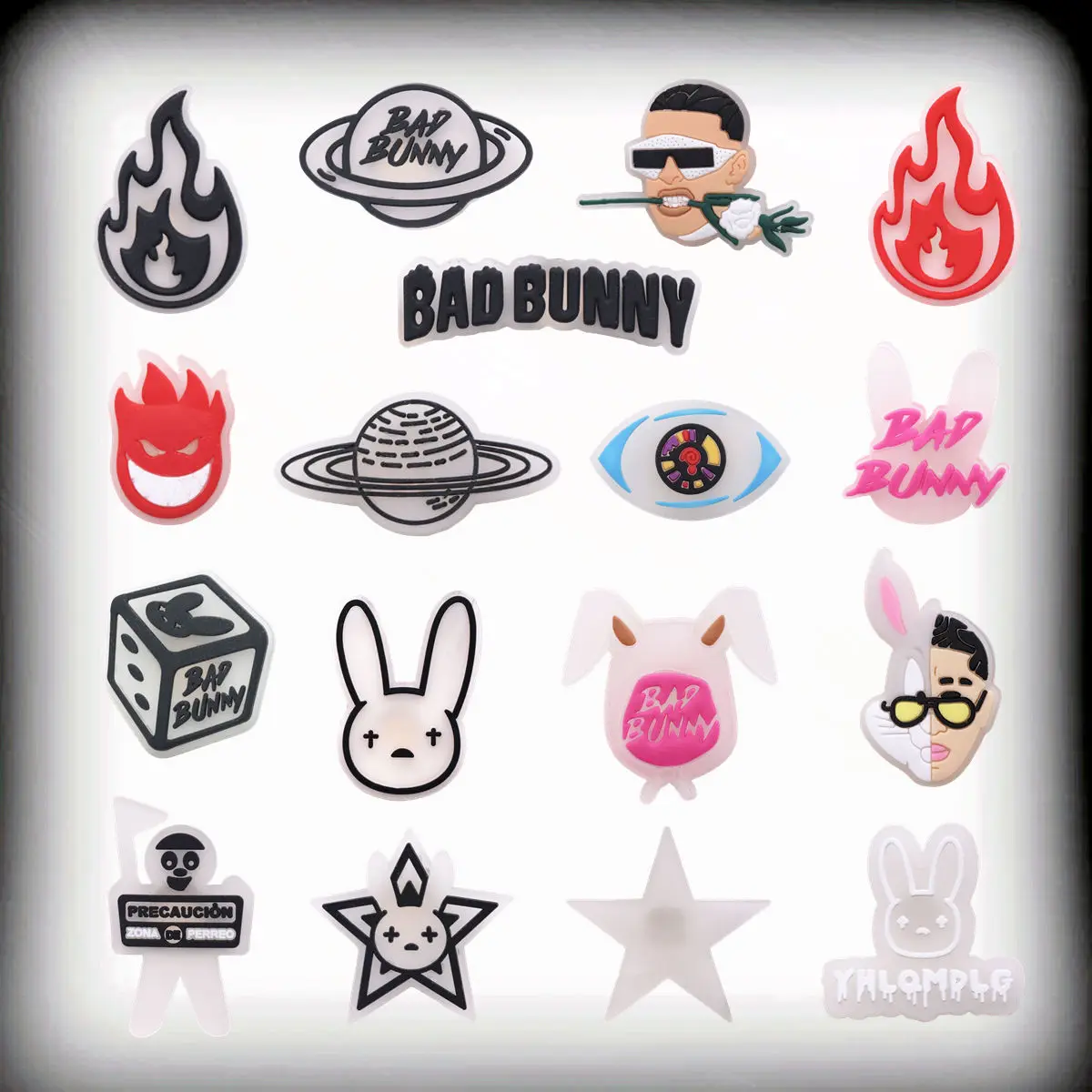 

Novelty 1pcs Fluorescent Shoe Charms Accessories Funny Bad Bunny Stars Dice Planet Sandal Buckle Decorations for Party Xmas Gift