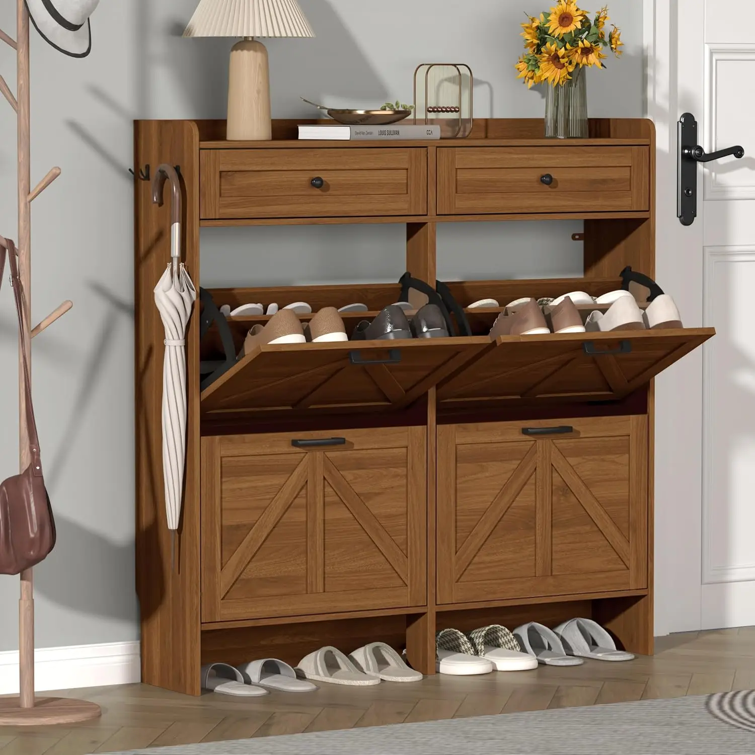 Shoe Shoe Cabinet with 4 Flip Drawers & 2 Storage Drawers, Narrow Rustic Slim Shoe Organizer for Entryway Hallway, Customized - Aliexpress Deal