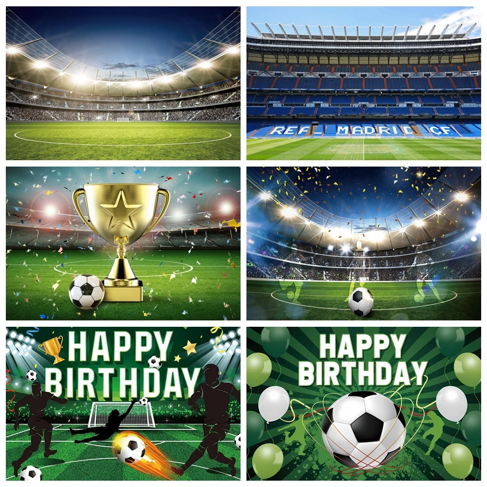 Football Backdrop Real Madrid Stadium Champion Cup Soccer Field Boy Birthday Decoration Customized Background Photography Props