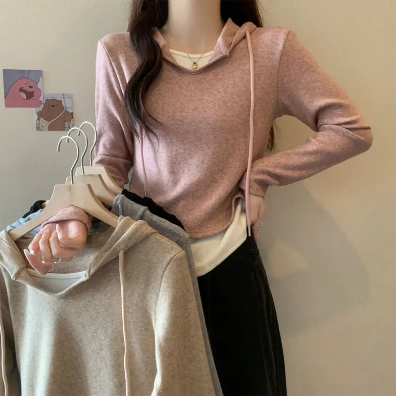 Casual Hooded Patchwork T-shirt Women's Clothing Korean Contrasting Colors Spring Autumn Chic Drawstring Commute Slim Pullovers