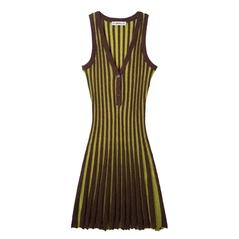 

Women's Retro V-Neck Sleeveless Mini Dress Striped Knitted High Street Style Slim Fit Elegant Fashionable Streetwear